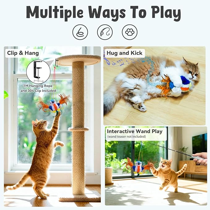 Cat Toys Flapping Bird, Catnip Toys for Indoor Cats Interactive Automatic Kitten Toy Kicker - Baby Plush/Feather/Crinkle, Rechargeable 4 Sounds/Off, Timed & Touch Activated, Clip & Hanging Rope
