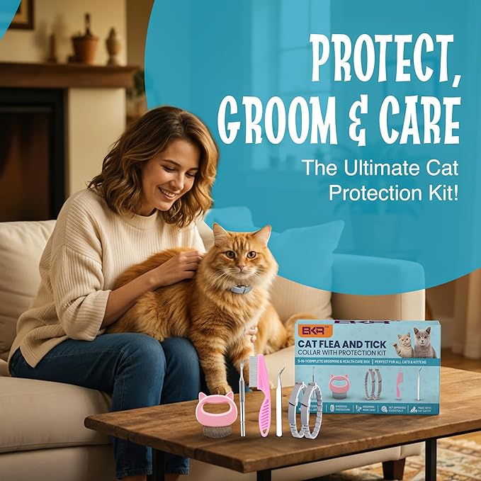 Cat Flea and Tick Collar 8-Month Protection Natural Flea Collar for Cats & Kittens with Flea Comb, Shell Comb, Tick Tweezers & Tick Removal Tool | 5-in-1 Cat Flea Collar & Protection Kit Set