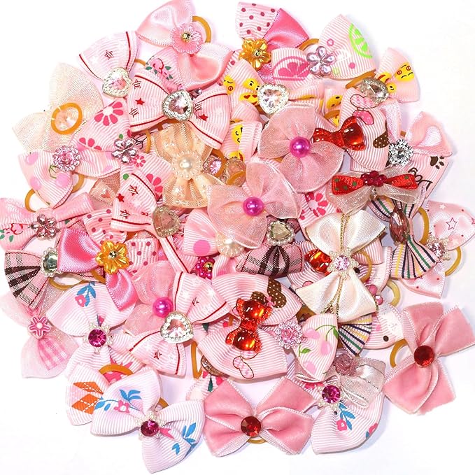 50pcs Dog Hair Bow Bowknot, Dog Bows Cute, Puppy Hair Bows Rhinestones Pearls Flowers Mix Styles Pet Grooming Rubber Bands Dogs Hair Accessories Handmade Hair Bows for Yorkie Puppy Dogs