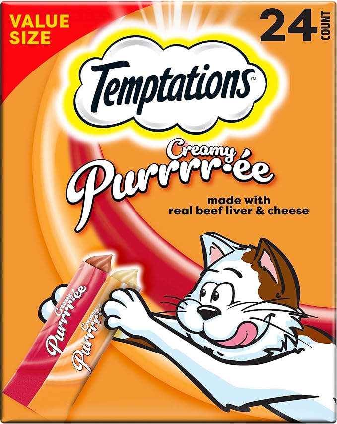 Temptations Creamy Puree Squeezable Lickable Cat Treats, Wet Cat Treats with Beef Liver and Cheese Variety Pack, 0.42 oz. Tubes, 24 Count