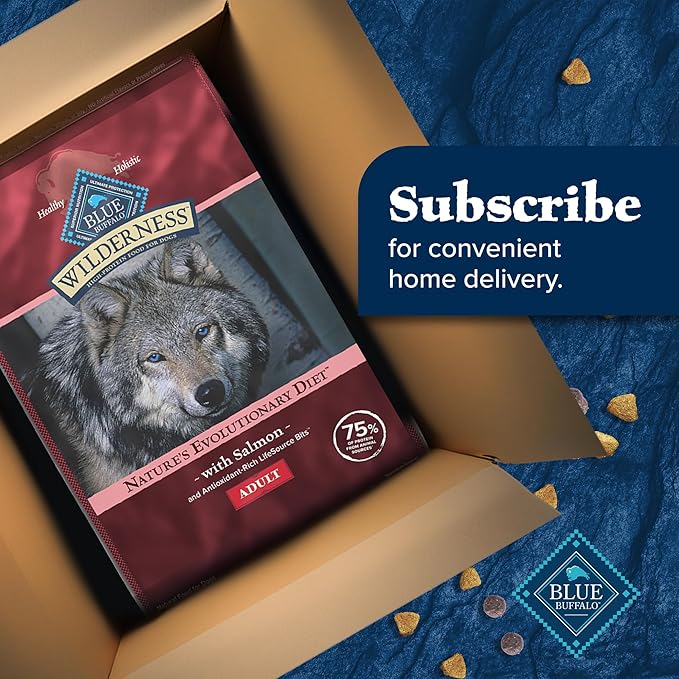 Blue Buffalo Wilderness Natural High-Protein Dry Food for Adult Dogs, with Wholesome Grains, Salmon, 24-lb. Bag