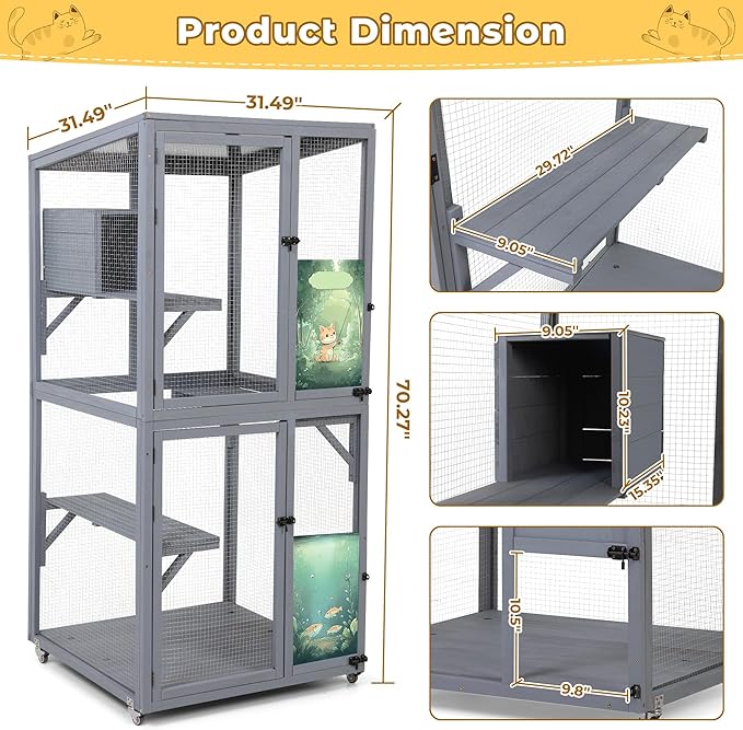 COZIWOW Large Catio Outdoor Cat Enclosure Window Access, Outdoor Cat House with Wheels, Cage for Cats Indoor (Grey, Extra Large)