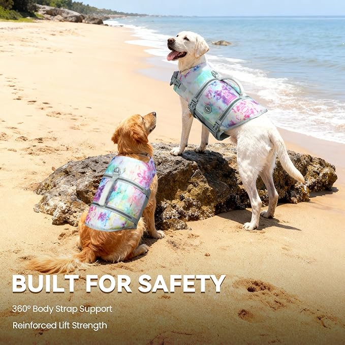 VIVAGLORY Rip Stop Dog Life Vest, Swimming Vest with Handle, Buoyancy for Doggy Puppy, Dog Life Jacket for Swimming & Boating, M, Multicolor