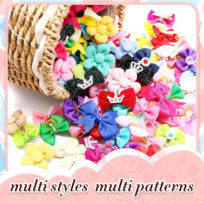 100pcs Assorted Dog Hair Bows,Cute Solid Color Dog Bows for Girl Small Medium Size Dogs,Handmade Puppy Bowknot with Rhinestone Crown Designer and Mix Shapes, Pet Hair Grooming Accessories