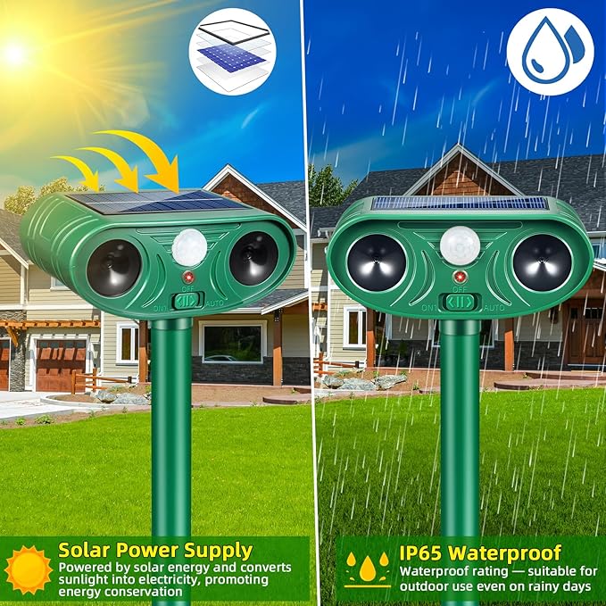 2026 Solar Animal Repellent Outdoor&Cat Repellent Outdoor with Motion Deer Repellent Devices Ultrasonic Cat Deterrent Fox Raccoon Squirrel Rabbit Coyote Deterrent for Farm Orchard Garden 4 PCS