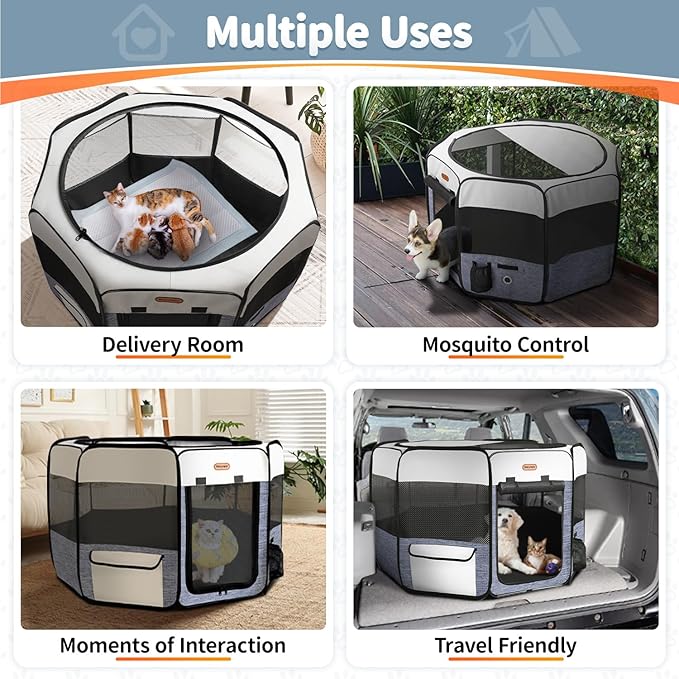 Dog Playpen, Portable Pet Play Pen Foldable Carrying Case, Puppy Pens Outsid for Small Cat Indoor/Outdoor, Removable Mesh Shade Cover