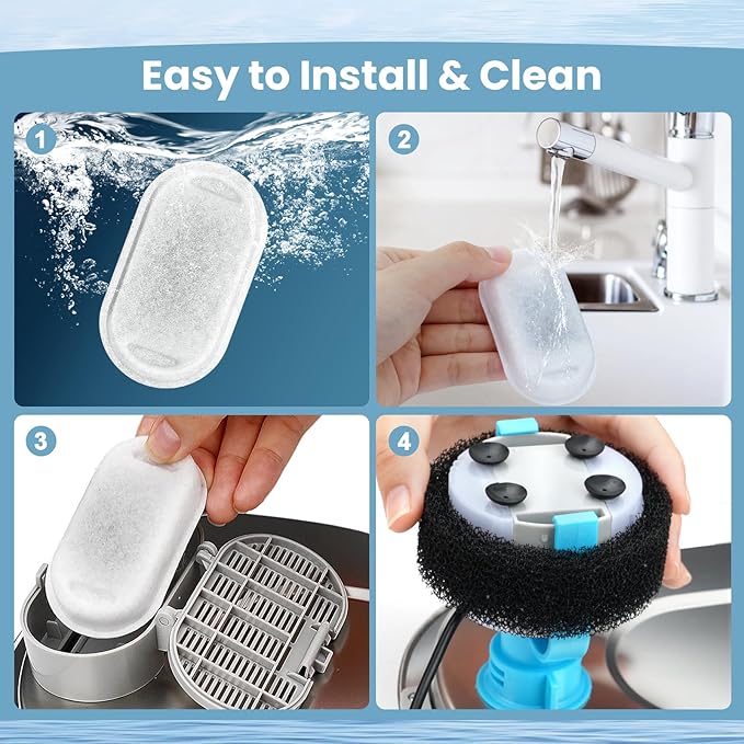 Cat Water Fountain Filter, 4 Pcs Cat Filters Replacement Pet Water Fountain Filters with 4 Pcs Sponges Foam for 67oz/2L & 108oz/3.2L Stainless Steel Automatic Cat Water Fountain Dispenser Filters