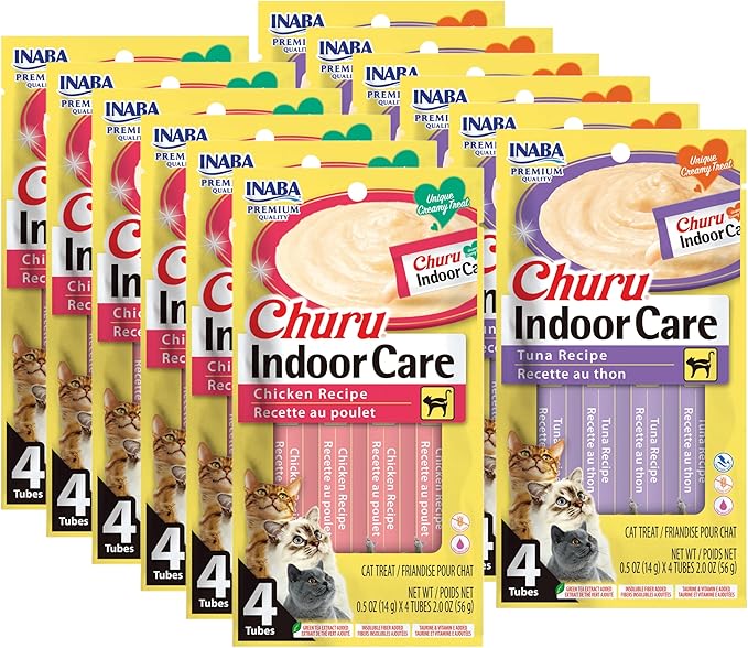 INABA Churu for Cats, Functional, Creamy Lickable Purée Cat Treat for Indoor Care and Hairball Control, 0.5 Ounces Each, 48 Tubes (4 per Pack), 2 Flavor Tuna and Chicken Variety Pack