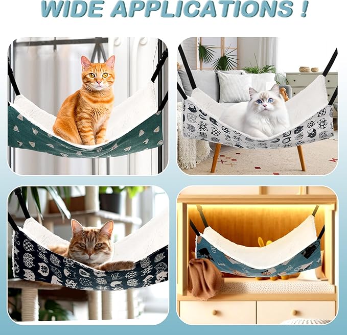 4 Pack Cat Hammock for Cage, Reversible Cat Hanging Hammock Soft Large Double Sided Pet Bed with Adjustable Straps & Metal Hooks for Cats Ferret Kitten Puppy Rabbits Small Animals