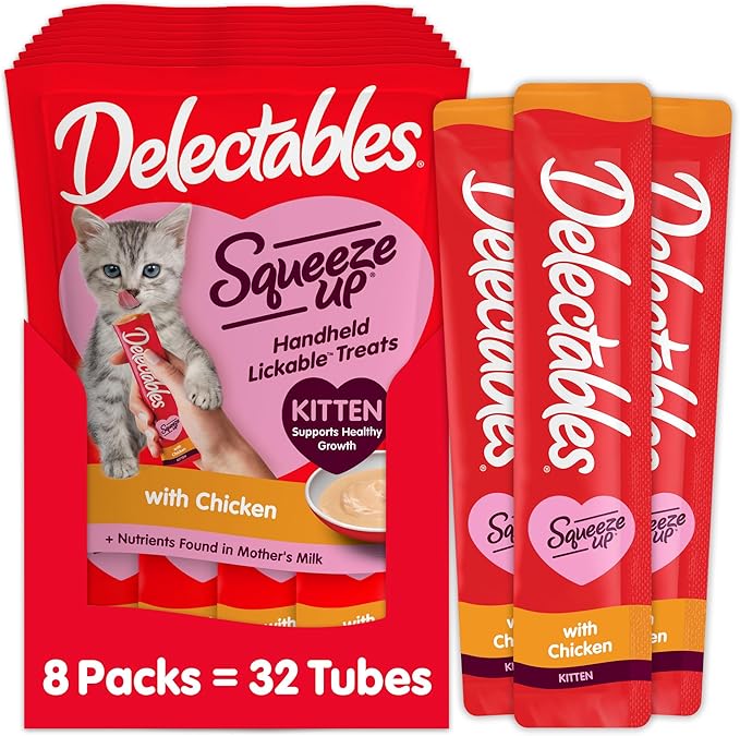 Delectables Squeeze Up Kitten Creamy Squeezable Puree, Lickable Wet Cat Treats, Grain Free, No Added Fillers, No by-Products, No Added Preservatives, 0.5 Ounces Tube Chicken, 32 Tubes Total
