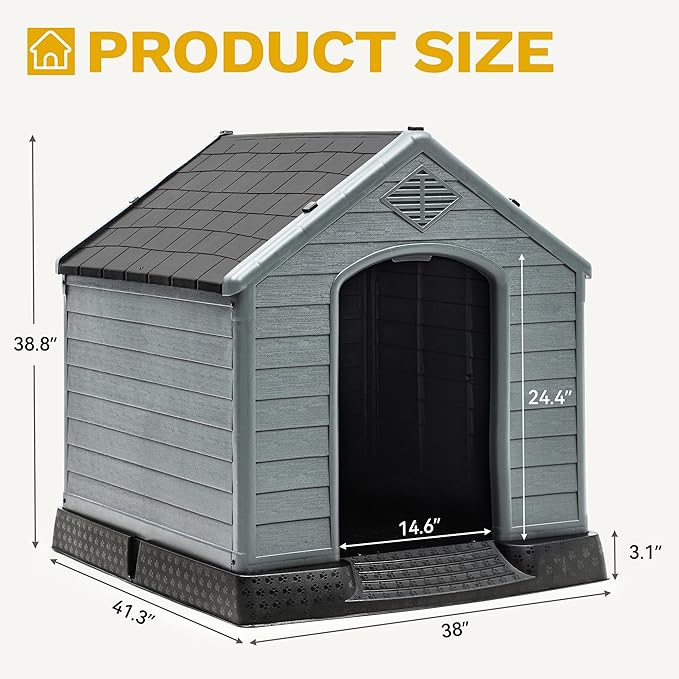 DWVO Plastic Dog House, Weatherproof Outdoor/Indoor Doghouse, Puppy Kennel with Air Vents and Elevated Floor