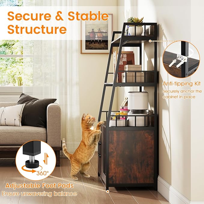 PETSITE Cat Litter Box Enclosure with Storage Shelves, 52 Inches Tall Hidden Litter Box with Charging Station, Scratching Board, and Winding Entry (Rustic Brown)
