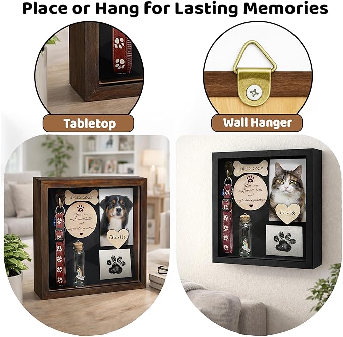 8.6'' Pet Memorial Shadow Box, Rustic Collar Holder Picture Frame, Paw Print Kit, Dog Wooden Sculpture, Pet Hair Fur Jar, Cat Memorial Keychain, Dogs Sympathy Card, Gift for Pet Lovers PSD-4R