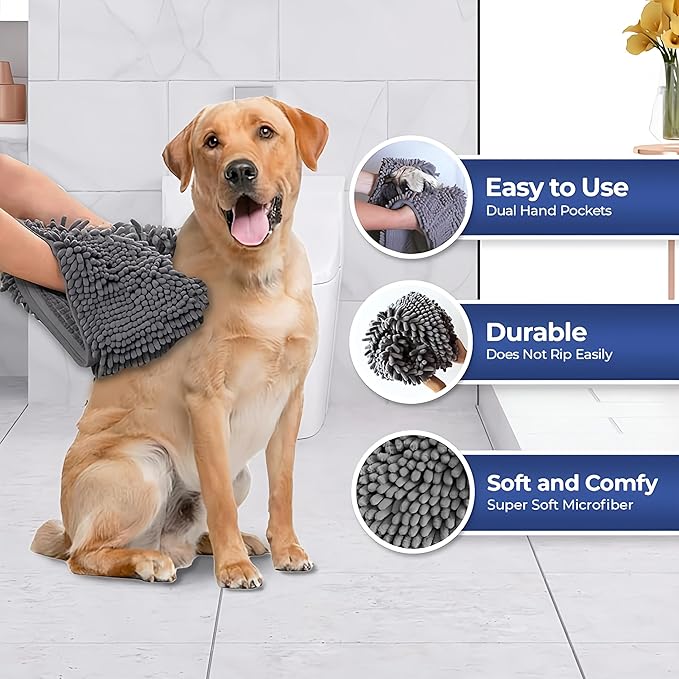 Muddy Mat Doggy Dryer, Highly Absorbent Microfiber Washable Dog Shammy Quick Drying Towel Absorber - Extra Soft Plush Wrap Chenille Bath Towels to Dry Soggy Large Pets & Small Puppy-Grey 15"x38"