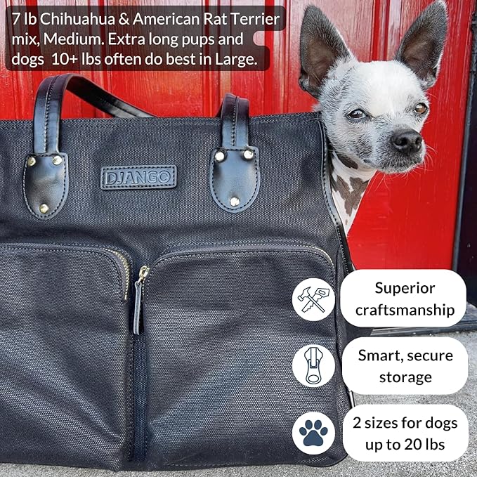 DJANGO Waxed Canvas & Leather Dog Carrier Tote Bag – Premium Soft-Sided Travel Dog Purse with Safety Leash, WR Lining, & Large Zipper Pockets – Everyday Pet Carrier for Small Dogs (Black, Medium)
