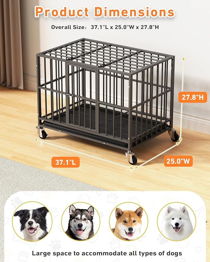 38 inch Heavy Duty Dog Crate with Dual Doors and Lockable Wheels, Large Dog Kennel Indoor, Removable Tray for Easy Cleaning, Dog Cage for Medium to Large Breeds and Anxious Dogs
