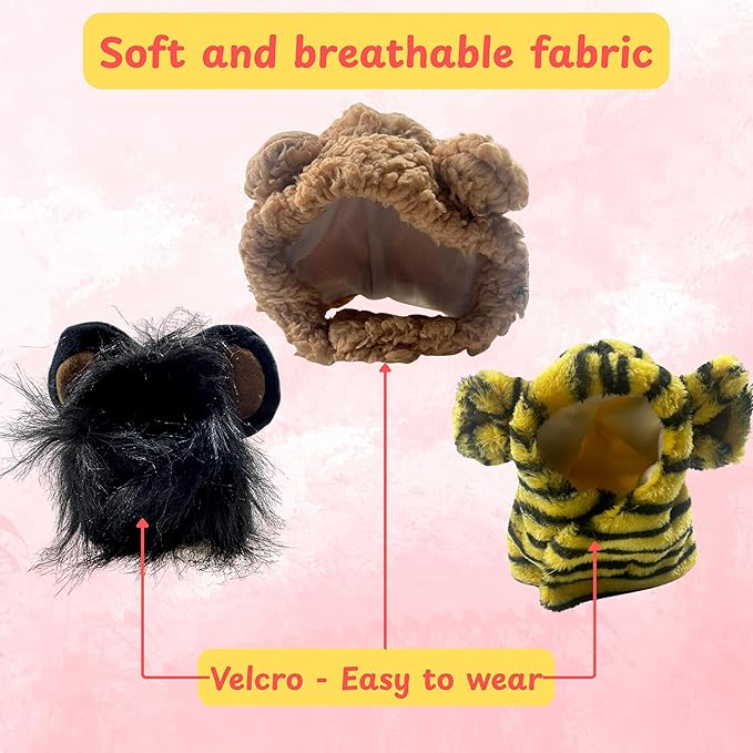 3pcs Cute Cats Hat Costumes Outfit - Lion Head, Tiger, Bear - Adjustable Pet Headwear for Parties, Halloween, Christmas, Easter (Lion, Bear, Tiger)