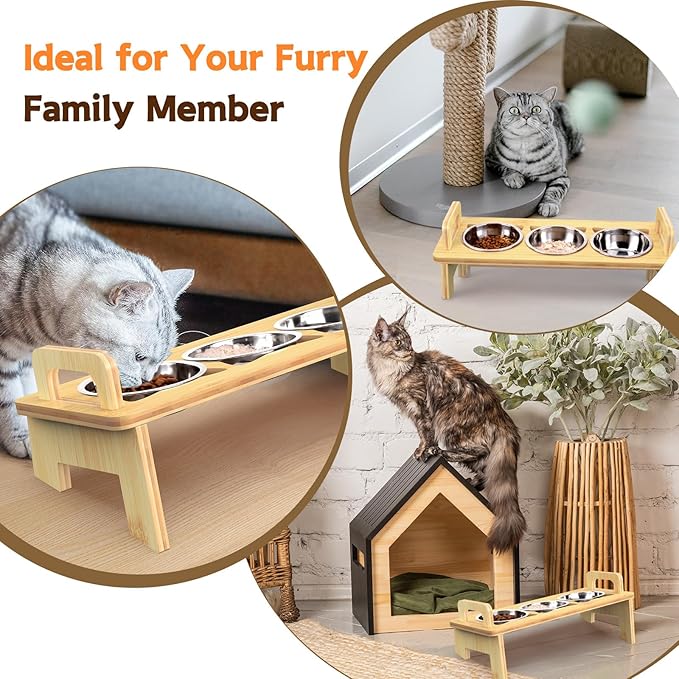 Bamboo Elevated Cat Bowls, 3 Stainless Steel Raised Cat Bowl with Stand, 15°Tilted Cat Feeding Station, Cat Food and Water Bowl Set for Small Cats and Puppy, Anti Vomitting, Whisker Fatigue (Natural)