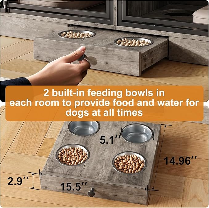 GAOMON Dog Crate Furniture for 2 Dogs, 78.7'' Large Dog Kennel Indoor with 4 Storage Drawers and Feeding Bowls, Double Dog Crate TV Stand for Small and Medium Dogs, Gray