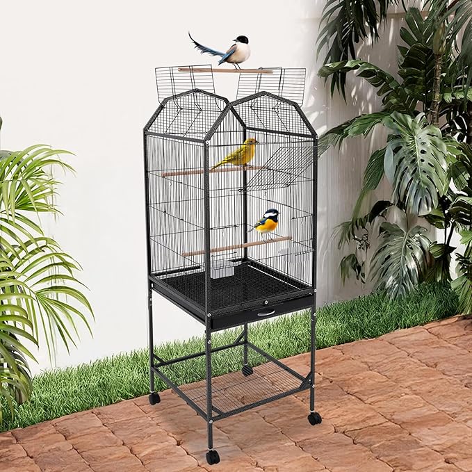 Bird Cage, Open Top and Rolling Stand Medium Small Bird Cage, Bird Cages with Universal Wheels for Parrots, Budgerigars, Parakeets, Cockatiels, Lovebirds, 18 x 18 x 53.9 Inch (Black)