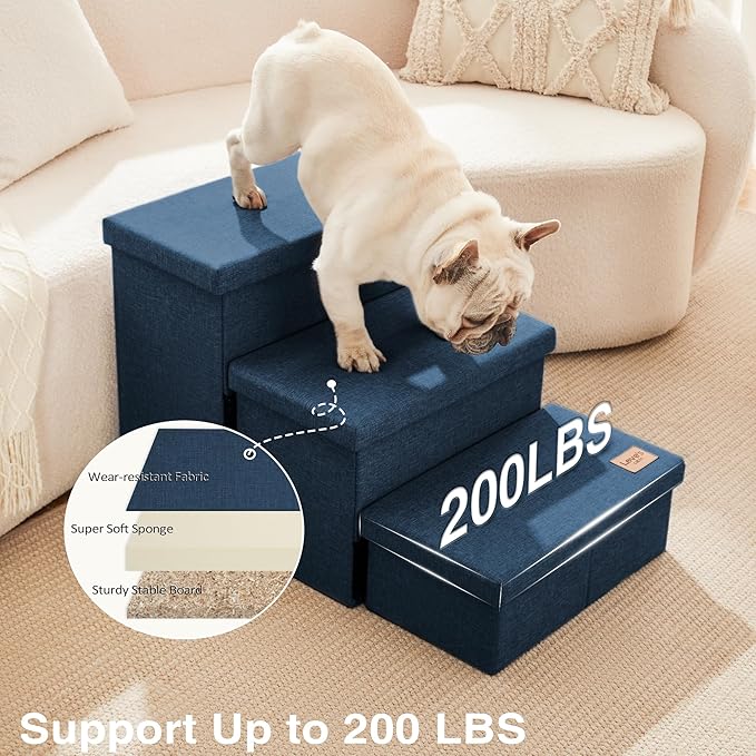 Love's cabin Dog Stairs with Storage, 3 Steps Wider Dog Steps for High Bed 18" H, Foldable Pet Stairs for Small Medium Large Dogs Cats for Bed Couch Car, Ramp with Zip up to 200 lbs, Navy Blue
