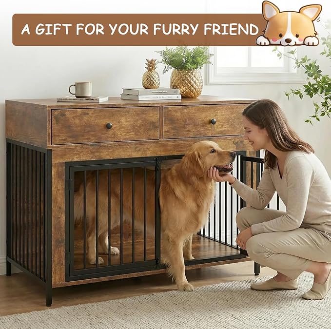 PUKAMI 44inch Large Dog Crate Furniture with Drawers, Wooden Dog Kennel Furniture for Indoor use, Brown End Table Dog House, for Small/Medium/Large Dog