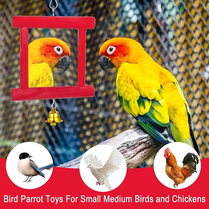 3 Packs Chicken Toys for Coop, Hen Chicken Coop Mirrors Bird Toy with Bells Hanging Parrot Grindstone Bird Beak Stones for Chicks Parrots Birds Hens