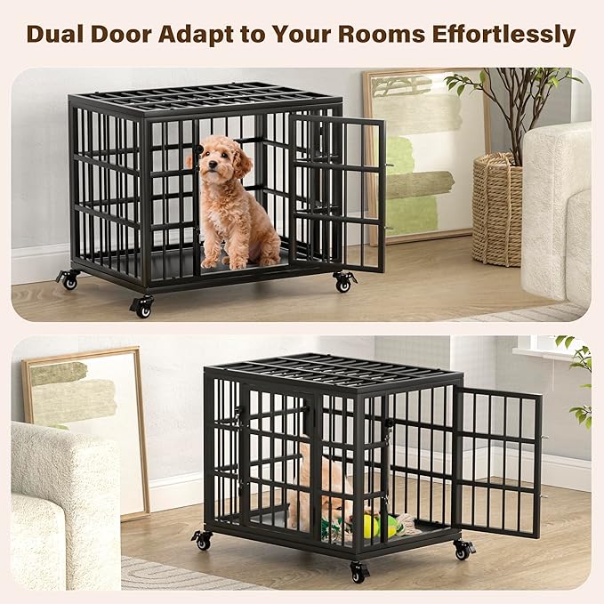 VERIFURTY 24 Inch Heavy Duty Dog Crate for Small Dogs with Self-Locking Latch, Escape-Proof Steel Kennel Indoor, Double Door Metal Pet Cage with Wheels and Removable Floor