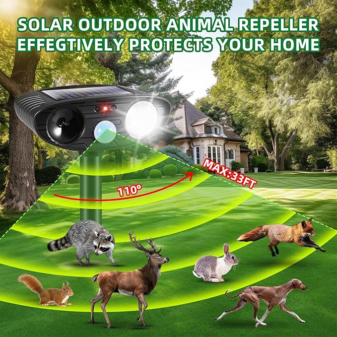 2026 Solar Ultrasonic Animal Repellent Outdoor,Deer Repellent Devices Squirrel Cat Raccoon Rabbit Dog Deterrent,Waterproof Motion Detection with Flash Light for Vegetable Garden,Backyard,Lawn 2Pack