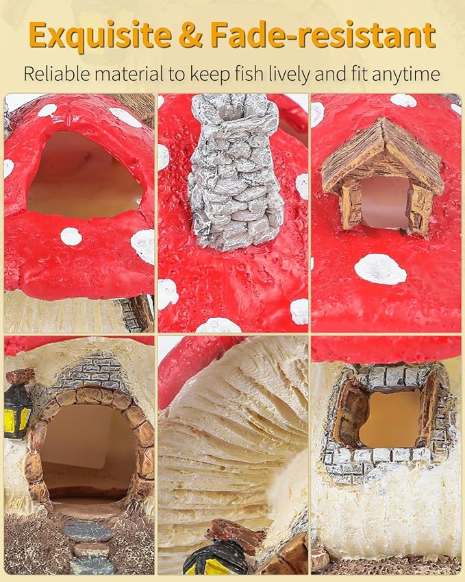 Uniclife Aquarium Mushroom House, Resin Fish Tank Decoration Cottage Ornament for Fish Tank Landscape Aquarium Hideout Hideaway Spawning Cave Decor for Shrimp Betta Goldfish and Reptiles