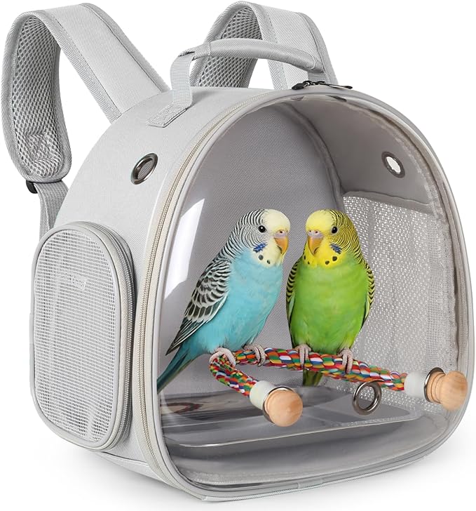 Small Bird Travel Backpack Carrier Cage, Backpack to Transport Backpack Carrier with Metal Tray Stand Perch for Parakeet Cockatiel Budgies Vet Carry Book Bag Grey