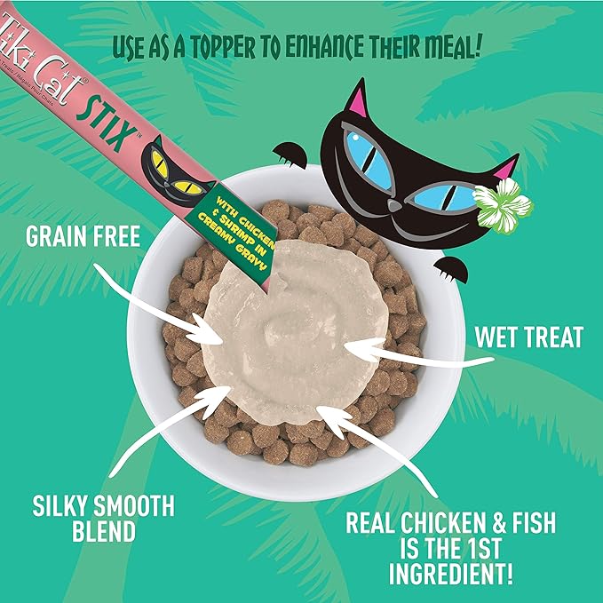 Tiki Cat Stix Wet Treats, Grain Free Lickable Mousse with Chicken & Shrimp in Creamy Gravy 6 Count (Pack of 1)