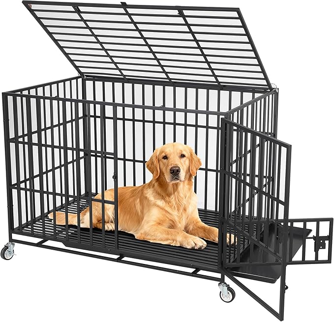 49 Inch Heavy Duty Dog Crate with Wheels, Escape Proof Metal Kennel with 3 Doors & Removable Tray for Large Medium Dogs, Black