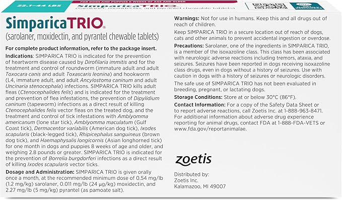 Simparica Trio (sarolaner, moxidectin, and pyrantel chewable Tablets) Chewables for Dogs, 24 mg/tab, 22.1-44 lbs, (Blue), 1 Tablet