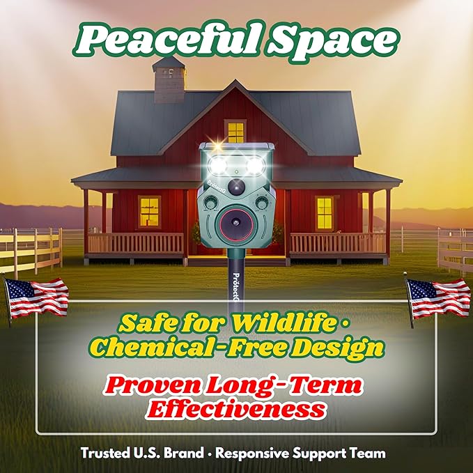 Solar Ultrasonic Animal Repellent Outdoor - Motion Activated Deterrent with Flashing LED Light - Waterproof Yard & Garden Protector for Deer, Cat, Racoon, Squirrel, Rodents, Bird (1 Pack)