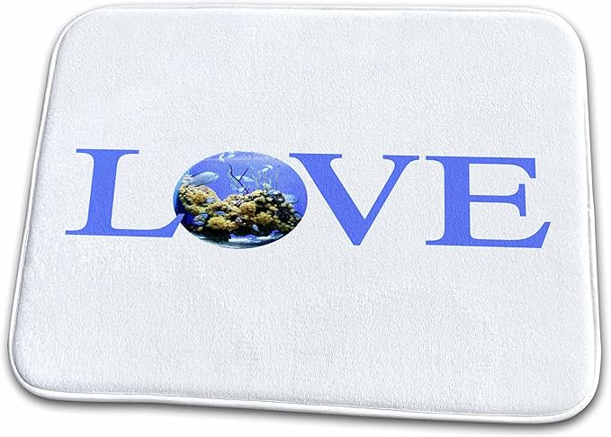 Dish Drying Mat - Love Fish - text with fish bowl for O blue aquarium with yellow coral Love series