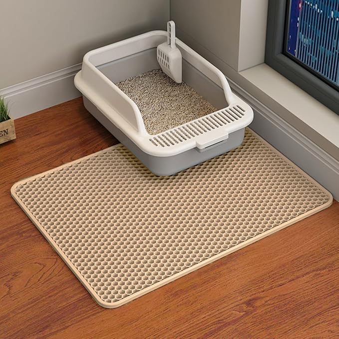 HCY&WLD 2-Pack Cat Litter Mat, Double Layer Honeycomb Waterproof Urine Proof Non-slip Litter Trapping Mat, Less Waste, Easy to Clean Cat Litter Box Mat, Kitty Indoor Supplies (Khaki, 24x18 Inches)