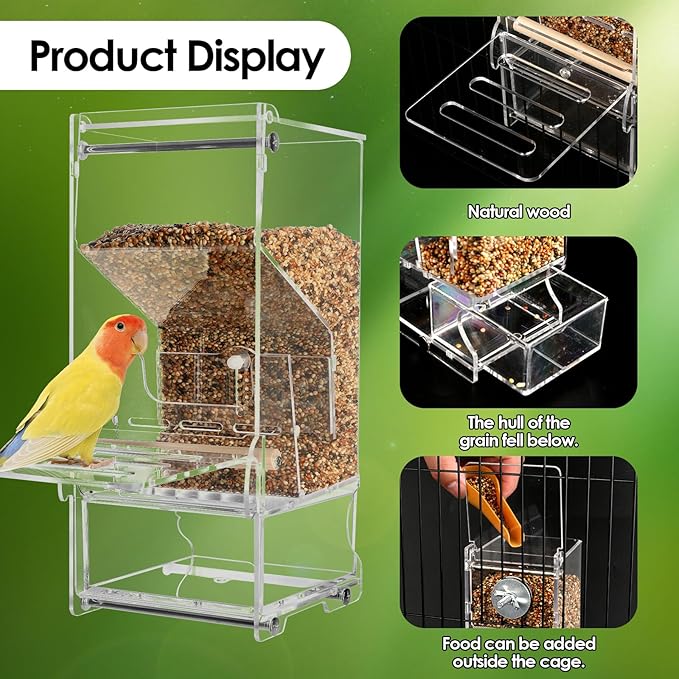 No Mess Bird Feeder Automatic Thickened Bird Seed Food Container Transparent Acrylic Parrot Food Holder with Stand, Bird Feeder for Cage, Reducing-Waste Foraging Feeder for Small Birds