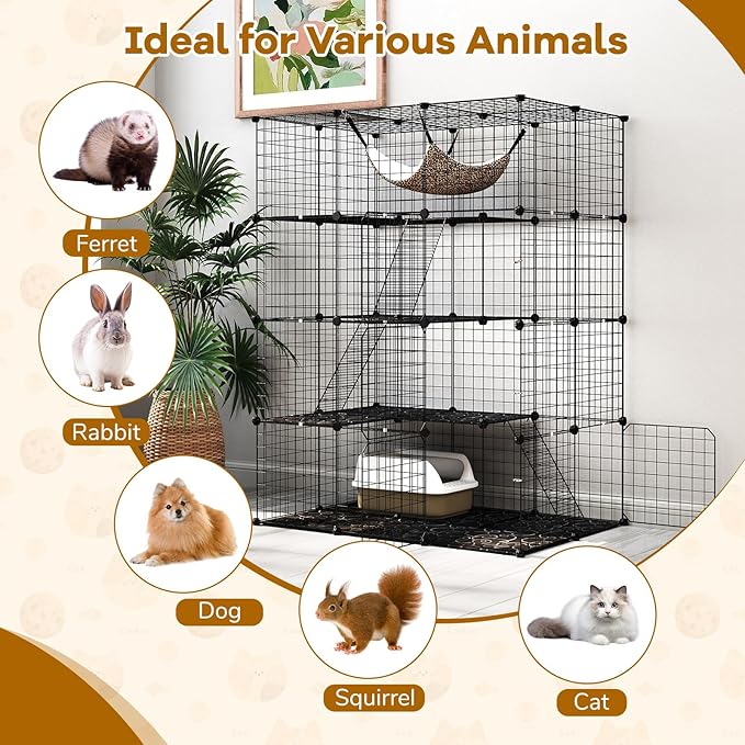 PETSITE 4-Tier Cat Cages Indoor, Metal Wire Cat Enclosure with Extra Large Hammock, 3 Ladders, and 4 Lockable Doors, Detachable Indoor Cat Catio Kennel for 1-4 Cats Kitten, Anti-toppling Kits Included