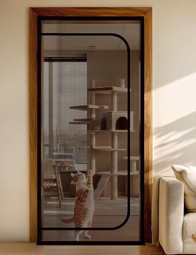 BFNN Cat Screen Door, Extra Tall Cat-Proof Mesh Gate, Fit Door Size 36'' x 82'', Anti Scratch Mesh with Zipper Closure, for Living Room, Kitchen, Bedroom (Black)