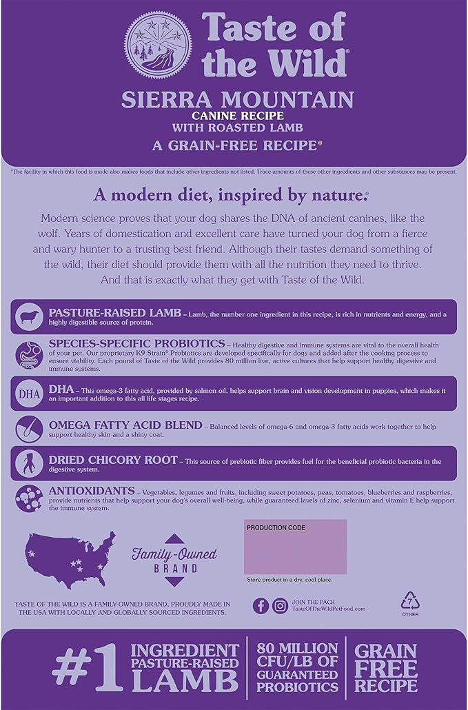Taste of the Wild Sierra Mountain Grain-Free Canine Recipe with Roasted Lamb Dry Dog Food for All Life Stages, Made with Protein from Real Lamb and Guaranteed Nutrients and Probiotics 14lb