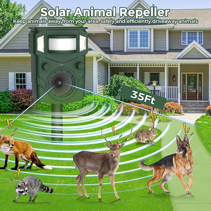 Solar Ultrasonic Animal Repellent, Multi-Modes Deer Repellent Devices,Cat Deterrent Outdoor, Squirrel Raccoon Dog Deterrent with Motion Sensor & Ultrasonic Waves for Garden Yard 1PC Green