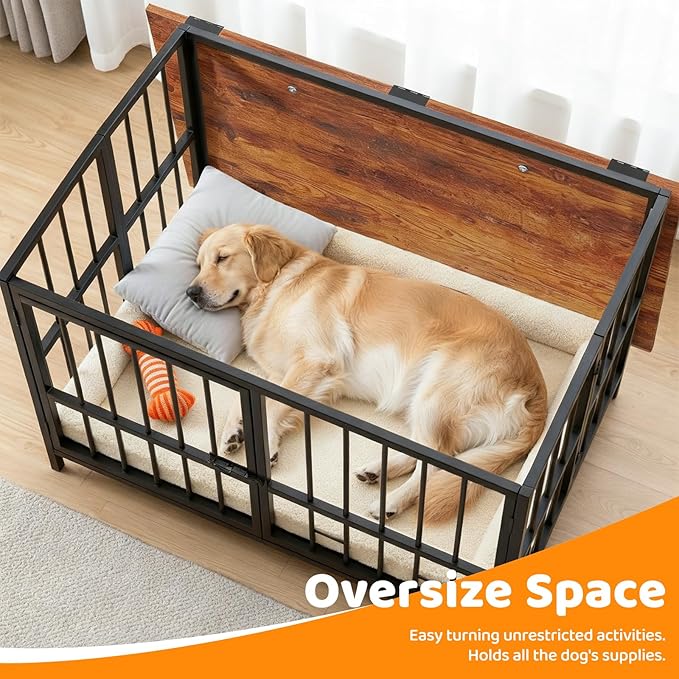 41.5" Dog Crate Furniture, Assembly-Free Dog Crates for Large and Medium Dogs, Foldable Dog Kennel Indoor with Adjustable Dog Bowls, Wooden Dog Cage Use as End Table, Pet House for Decorative Indoor