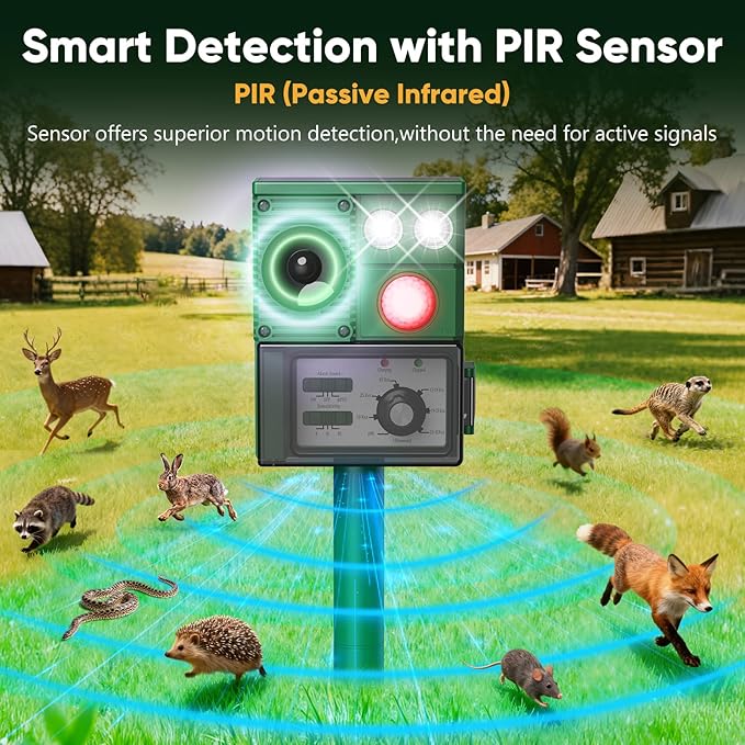 2026 Upgraded Solar Ultrasonic Animal Repellent, Deer Repellent Devices Cat Repellent Outdoor Squirrel Repellent Dog Raccoon Skunk Rabbit Rodent Coyote Repeller, PIR Sensor, Flash Light (Green)