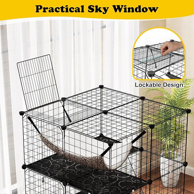 PETSITE 3-Tier Cat Cages Indoor, Metal Wire Cat Enclosure with Extra Large Hammock, 2 Ladders, and 4 Lockable Doors, Detachable Indoor Cat Catio Kennel for 1-3 Cats Kitten, Anti-toppling Kits Included