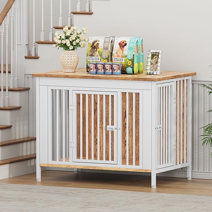 EasyCom Dog Crate Furniture for 1 or 2 Dogs, Heavy Duty Single/Double Dog Crates for Small/Medium/Large Dogs, Dog Kennel Furniture Indoor as TV Stand, Large Size 39.96" L(35-60 Pounds), White