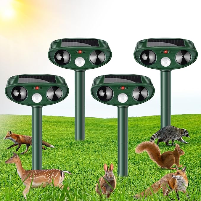 4 Pack Ultrasonic Animal Repellent Cat Repellent Deer Repellent Devices Outdoor Solar Animal Deterrent Motion Activated Raccoon Repellent Dog Skunk Rabbit Squirrel for Garden Yard