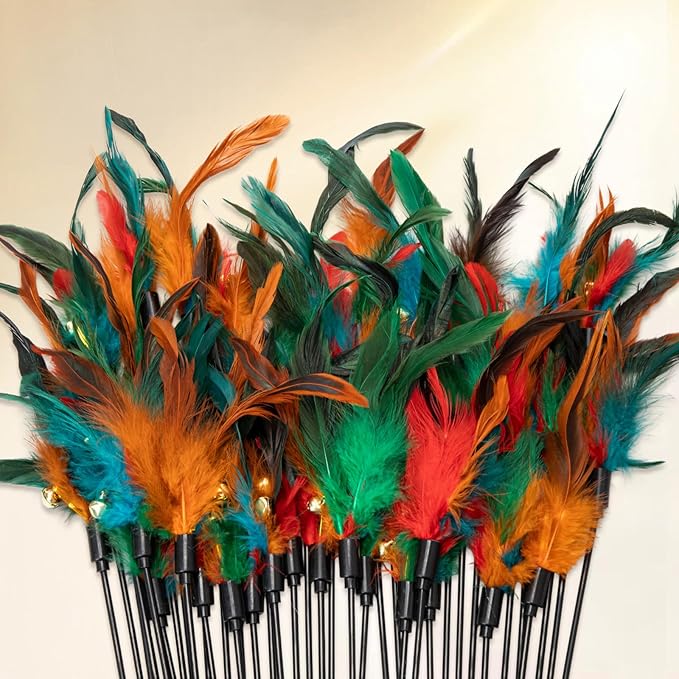 Leitee 50 Pcs Cat Wand Toy Feather Stick Cat Toy Feather Toys and Teaser Wand Bulk Interactive Stick for Indoor (Multi-Color)
