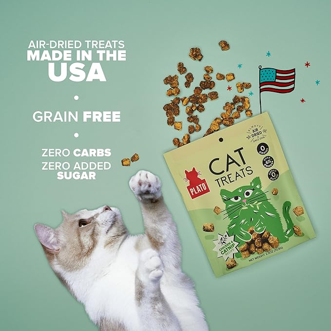 Plato Pet Treats Cat Treats - Single Ingredient, Healthy Chicken Catnip Treats for Indoor Cats - Air Dried - 2.5 oz