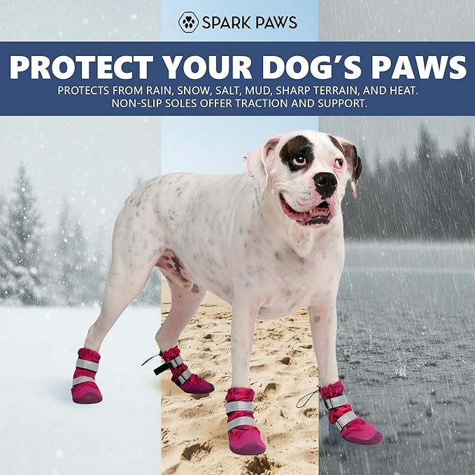 Spark Paws Dog Shoes, Waterproof Dog Boots for Medium to Large Dogs, Non Slip, Breathable Dog Booties and Paw Protectors - 4PCS Doggie Hiking Boots with Reflective Straps, Pink Camo, Size 4